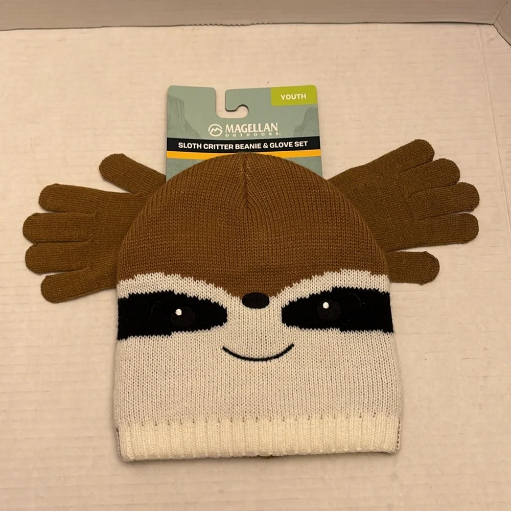 Magellan Outdoors | Sloth Critter 2 PC Beanie & Gloves Winter Set | Big Kids